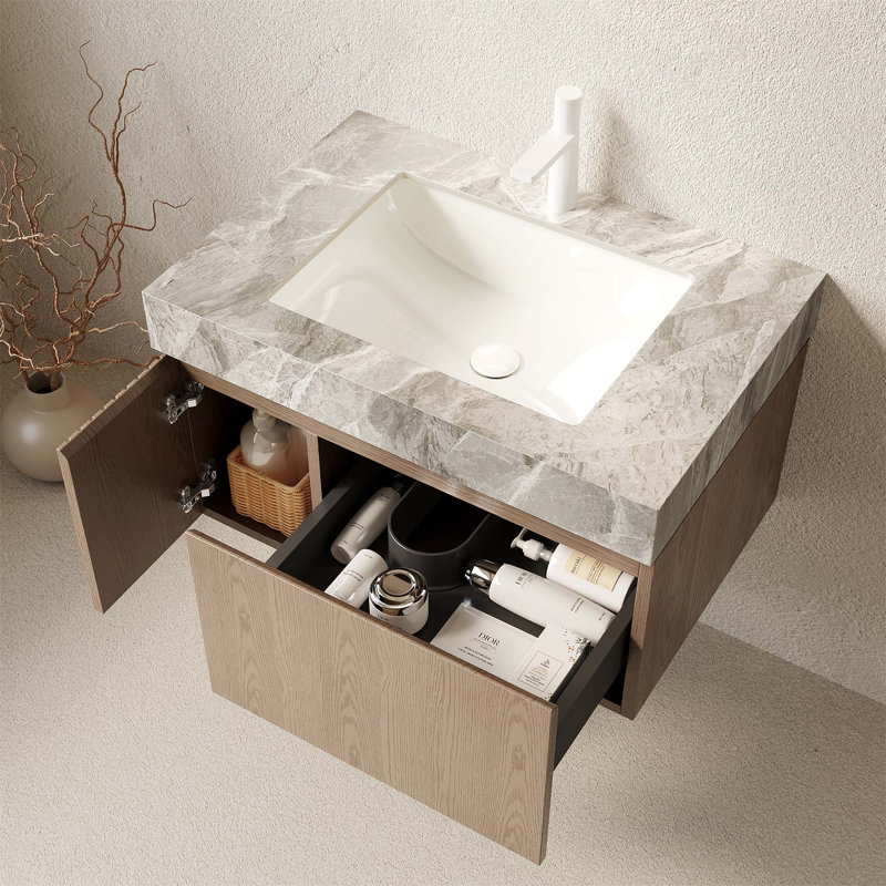 Meuble-lavabo flottant de 30 po avec plateau en pierre frittée, lavabo en céramique et rangement spacieux, pré-assemblé pour une installation facile