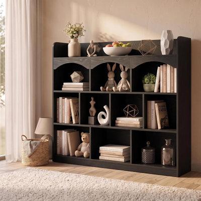 Bibliothèque cintrée à 3 niveaux de 140 cm avec 10 cubes – Meuble de rangement de style ferme moderne, structure robuste, aspect bois noir – pour salon ou bureau