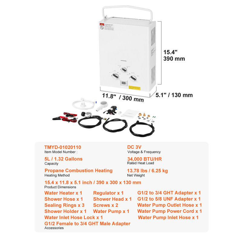 Chauffe-eau portatif au propane 5L sans réservoir avec pompe à eau pour camping-car