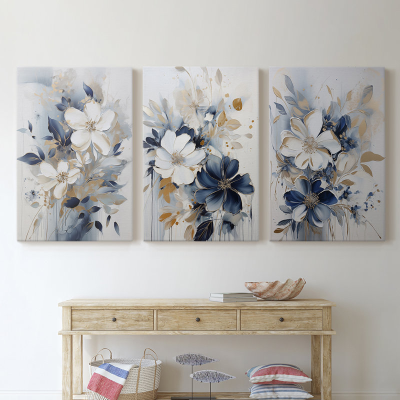 Étude florale CIV - Ensemble de 3 toiles tendues avec châssis - Prêt à être accroché, H 48 po x l 32 po