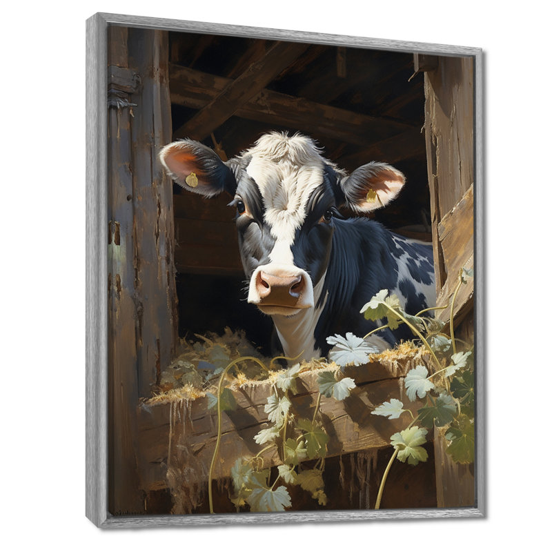 Damalis Cow Rustic Charm I - vache, art mural, H 32 po x l 24 po x P 1 po, Cadre argenté flottant