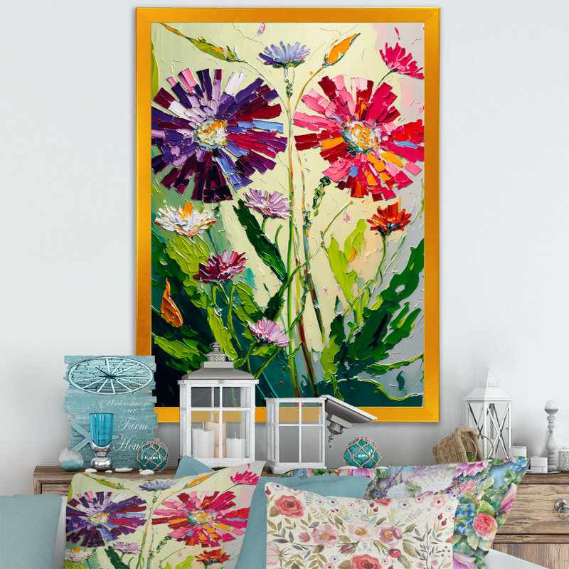 Fleurs sauvages rouges et mauves - reproduction sur toile, H 32 po x l 24 po x P 1 po, Encadrement doré