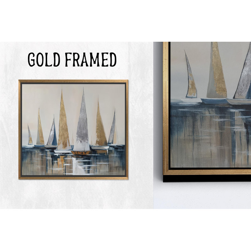 Reproduction d'art sur toile imprimée: voiliers modernes dorés et argentés, toiles à cadre doré 1P, H: 43,4 po x l: 43,4 po