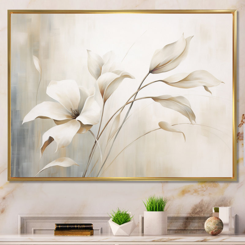 Élégance botanique blanche III - Botanique abstraite, art mural, Cadre flottant doré, H 34 po x l 44 po x P 1,5 po