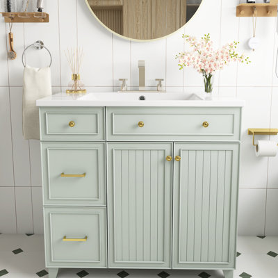 Ensemble de meuble-lavabo sur pied 36 po avec cadre en bois massif et panneau de fibres à densité moyenne avec plateau intégré en céramique