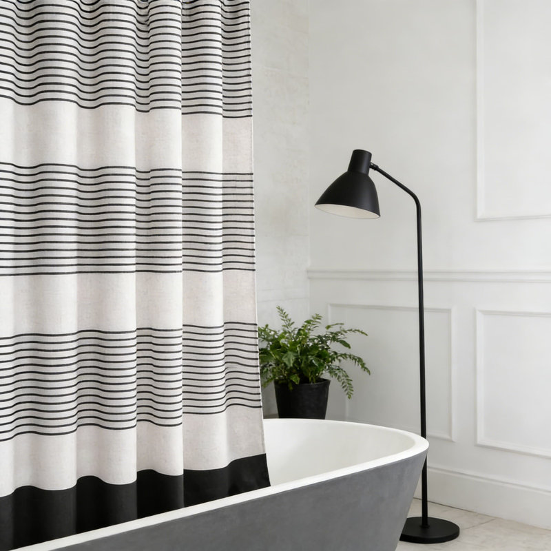 Farmhouse Shower Curtain With Linen Texture And Decorative Tassels, Rustic Style Bathroom Decor With Rust-Resistant Grommets, Easy Care Fabric