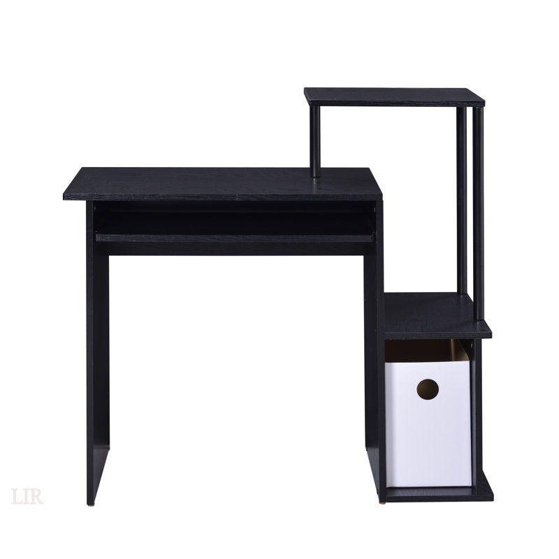 Black Computer Desk With Keyboard Tray And Open Shelving For Enhanced Ergonomics And Organization, Black