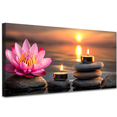 Art mural sur toile de lotus, fleur rose avec pierres et bougies, coucher de soleil, salle de bain, décoration murale prête à accrocher, reproduction sur toile, peinture pour spa, salon, 12 po x 24 po