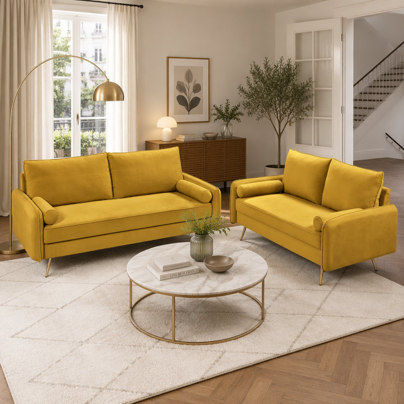 Ensemble de canapés en velours 2 pièces avec pieds en métal doré, 70" W, Mustard yellow Polyester