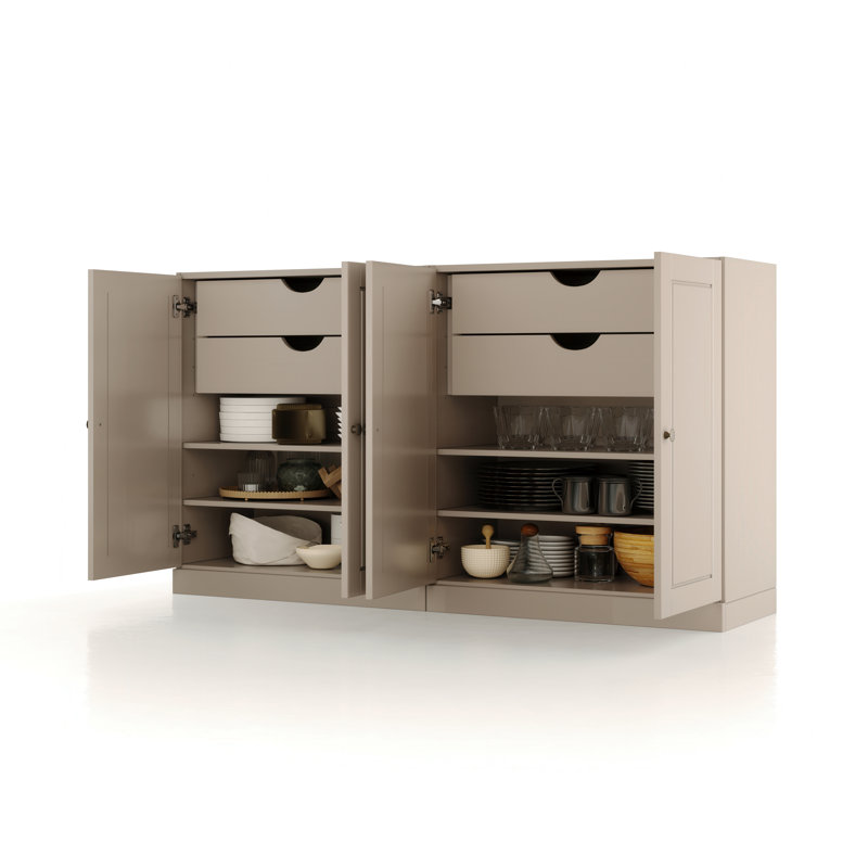 100% Solid Wood 64" Sideboard with Solid Doors, 4-Drawers and Adjustable Shelves, Beige