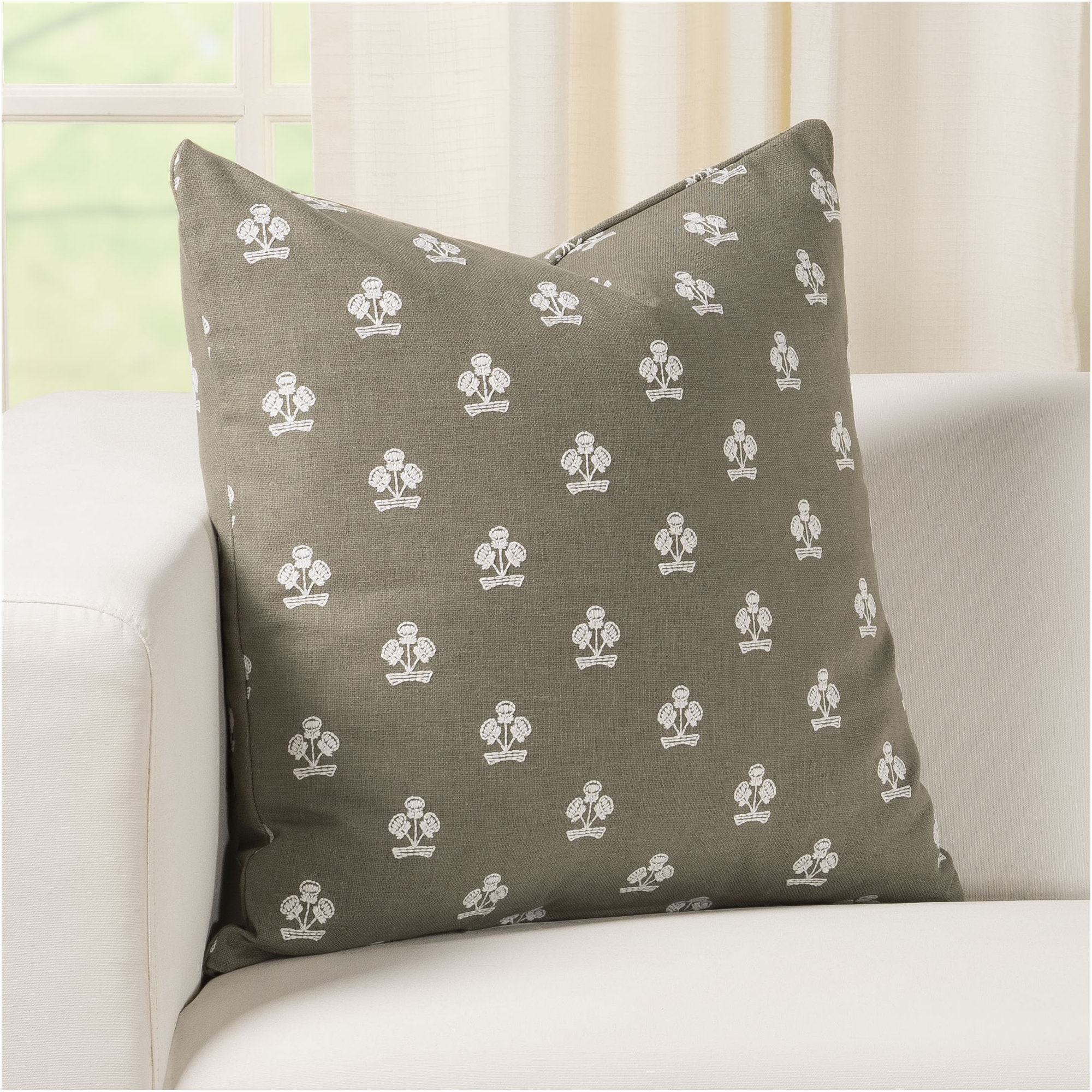Hamachi Polyester Throw Square Pillow Cover & Insert, Sage Floral 1, Square 20", Feather