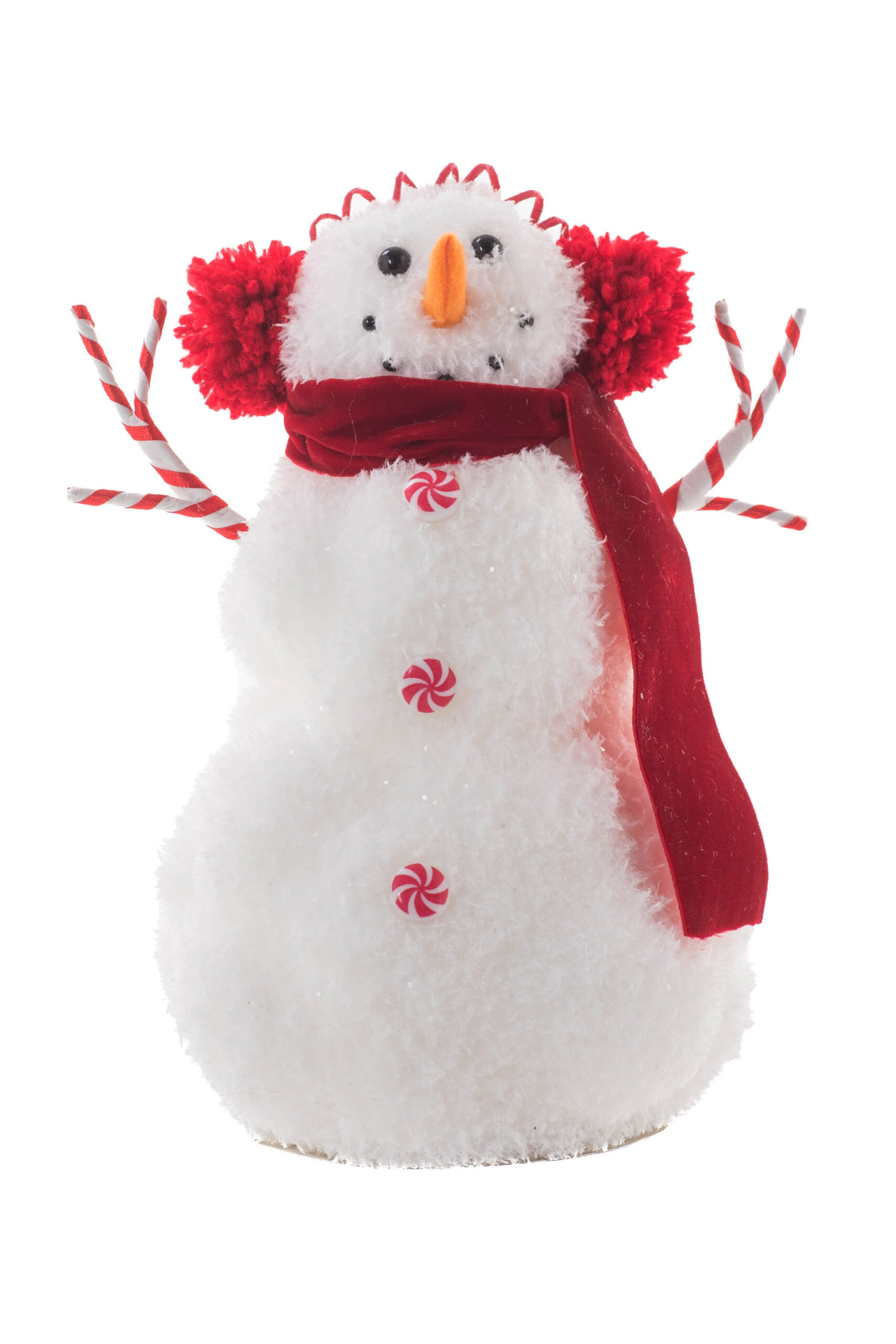 Soft White Fur Snowman with Red Ear Muffs