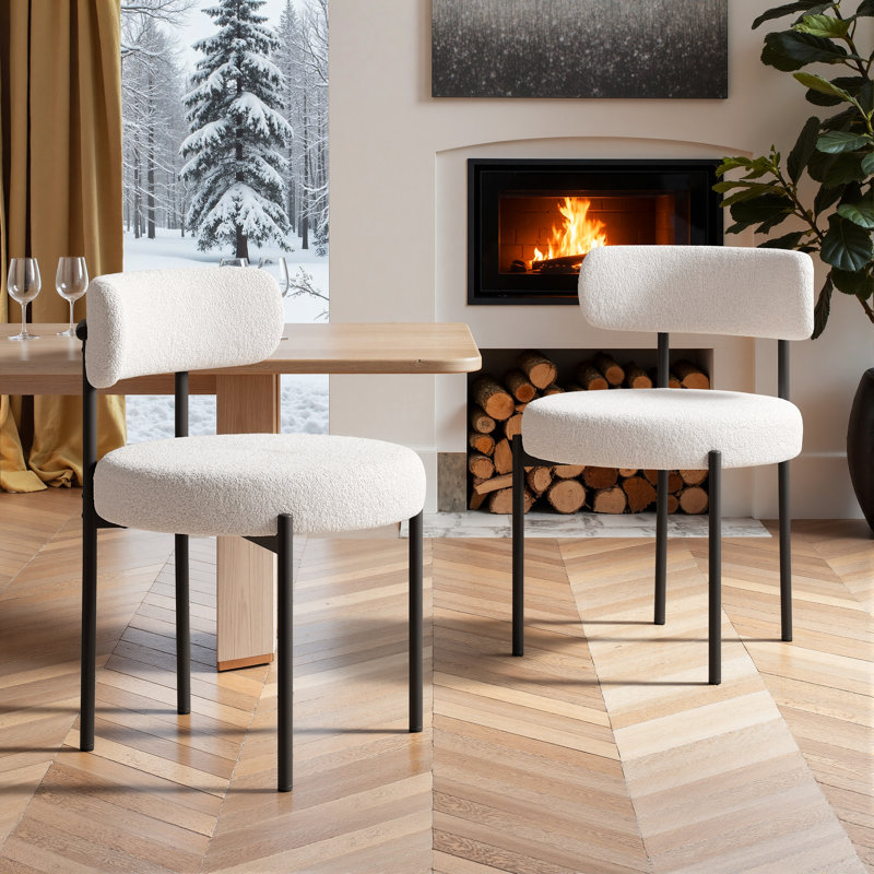Dining Chairs Modern Teddy Fabric Upholstered Chairs with Curved Backrest and Black Metal Legs, White, 2