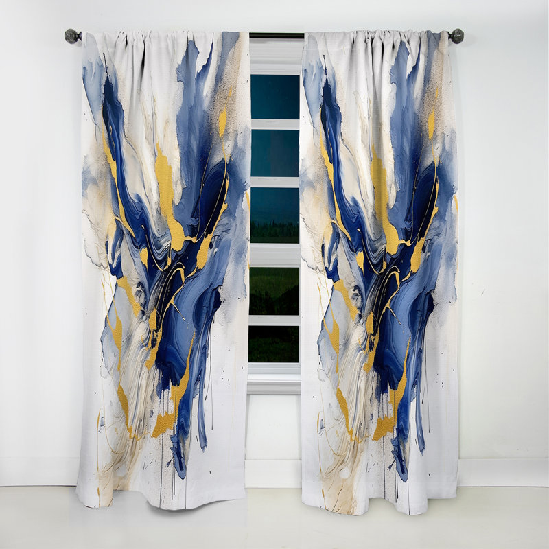 Dark Blue And Gold Strokes IX - Fractals Curtain - Blackout Abstract Curtain - 1 Panels, 52" W x 90" L