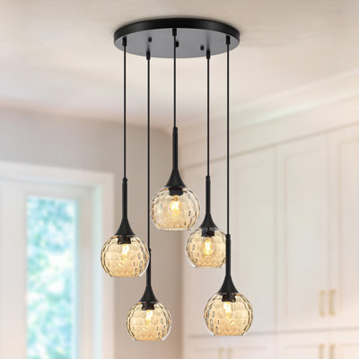 Luminaire suspendu grappe 5 lumières avec verre ambré martelé