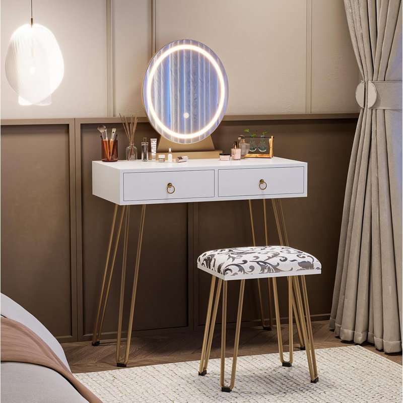 Bureau de coiffeuse blanc avec tabouret - Petite coiffeuse avec 3 modes d'éclairage Luminosité réglable - Coiffeuse 32 po avec 2 tiroirs
