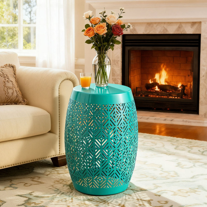 18" H LED Metal Side Table, Geometric Cut-Out Drum Design, Weather-Resistant for Outdoor Indoor, Glossy Aqua Geometric, Teal