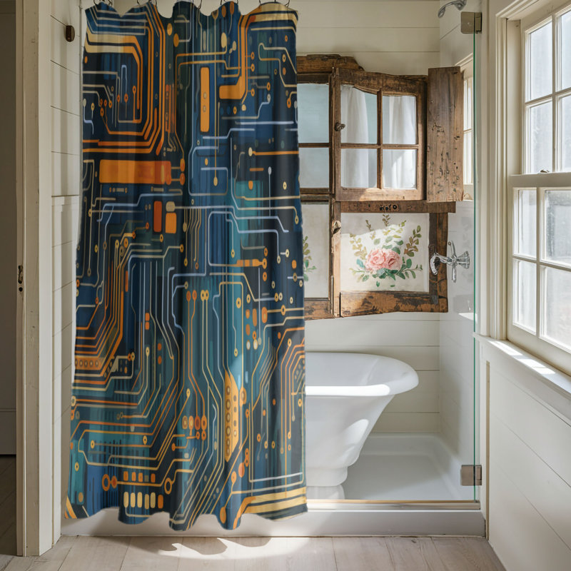Circuitry - Rideau de douche Premium, H 74 po x l 71 po, Orange / cuivre, Sentiers numériques