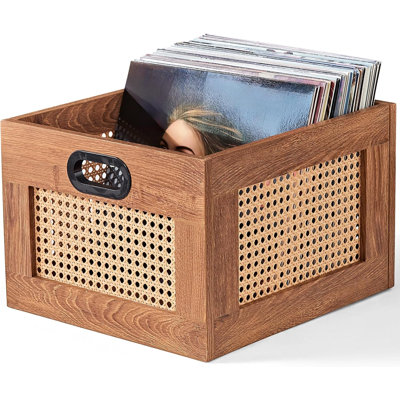 Vinyl Record Storage Box, Woven Vinyl Record Stand With Handle, Wooden Record Storage Box, Can Hold Up To 75 Vinyl Records, Desktop Cube-Shaped Record Storage Box (Teal Brown)