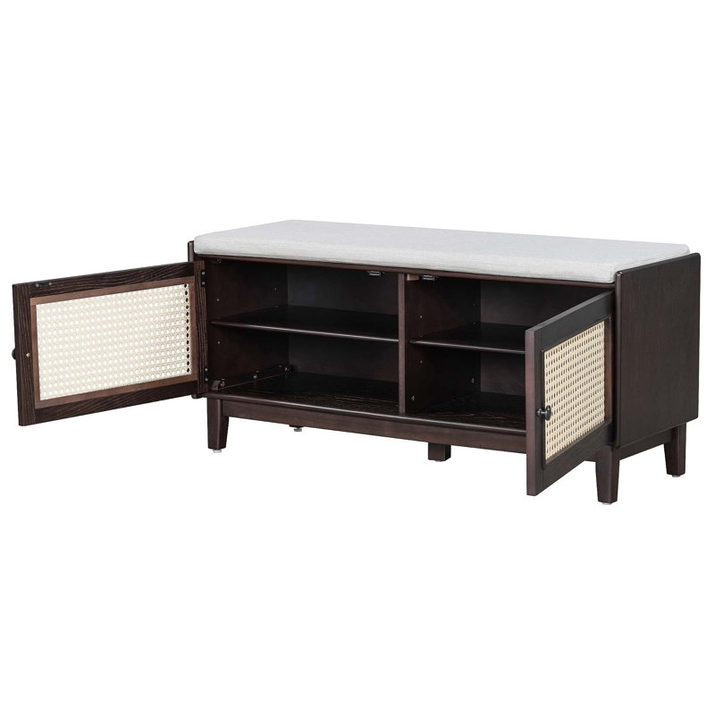Boho Rattan Entryway Bench With Storage, Cushioned For Comfort, Wooden Shoe Organizer With Double Doors (Espresso+Beige)