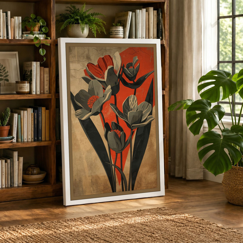 Modernist Floral Fan Art Deco - Wrapped Canvas, 18x12 - 45.7 x 30.5 cm, Teal Border