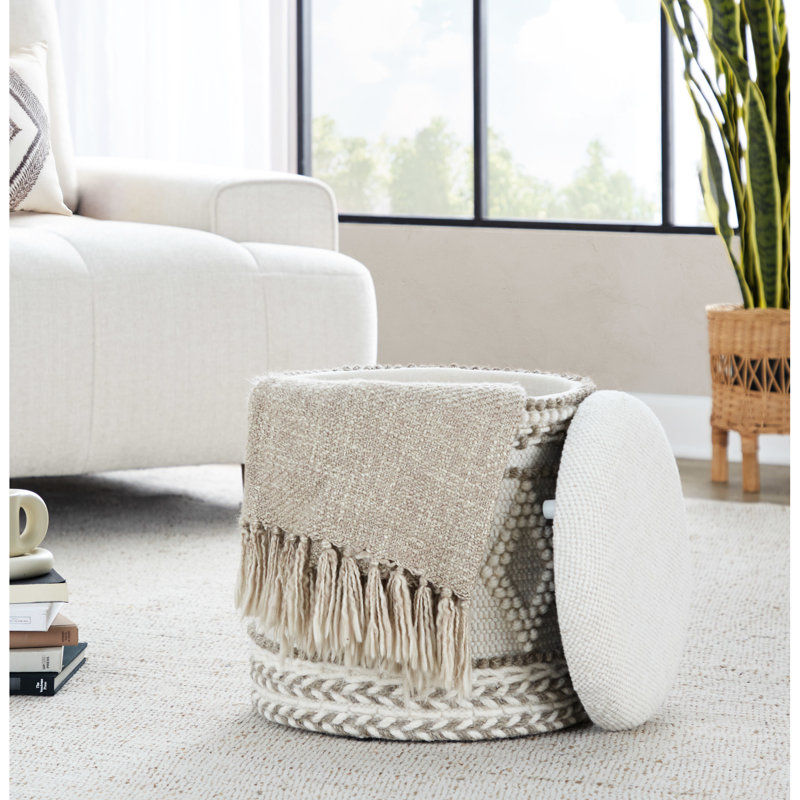 18 - Inch Beige Handwoven Wool For Storage, And Knoted Design Embellishment, Removable Top Storage Space, Multi Function Use, 14.25" Interior Width, 250 Lbs Weight, Indoor Use Only, No Assembly 18"