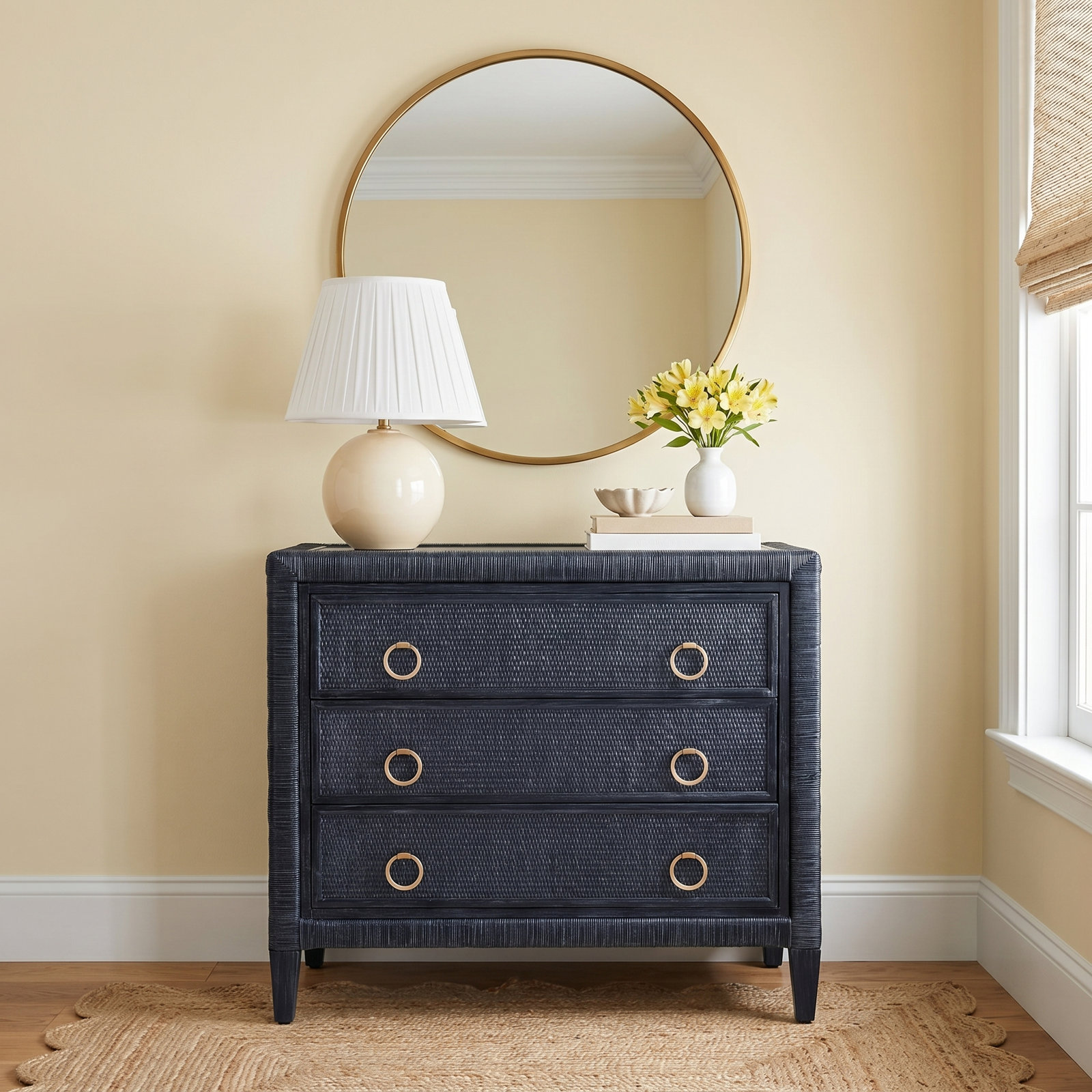 Warwick 36" Wicker Dresser, Celery, Satin Brass