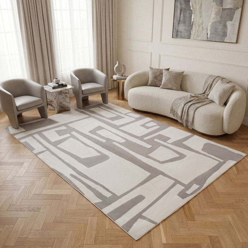 Loft Modern Abstract Living Room Area Rug and Runner Soft Pile, Grey/Ivory, Runner 80 x 300 cm