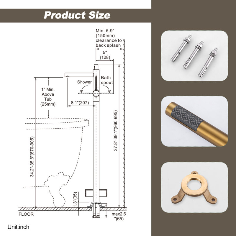 2-handle Freestanding Tub Faucet With Hand Shower In Brushed Gold