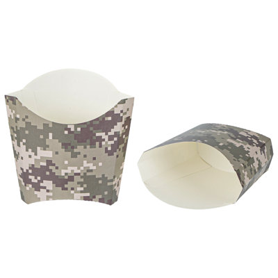 Restaurantware-Bio Tek 4.5 x 3.2 x 3.9 Inch French Fry Cup, 100 Disposable Snack Cups - Stackable, Sustainable, Camouflage Paper 3 Ounce Fry Holder, For Fries, Onion Rings, Popcorn, or Cookies