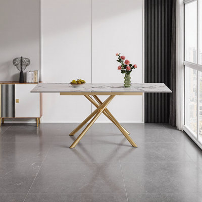 59-Inch Modern Rectangle Expandable Dining Table With Retractable Leaf, Sintered Stone Top & Carbon Steel X-Base, Sturdy 4-6 Person Table For Small Apartments, Kitchen, Dining Room