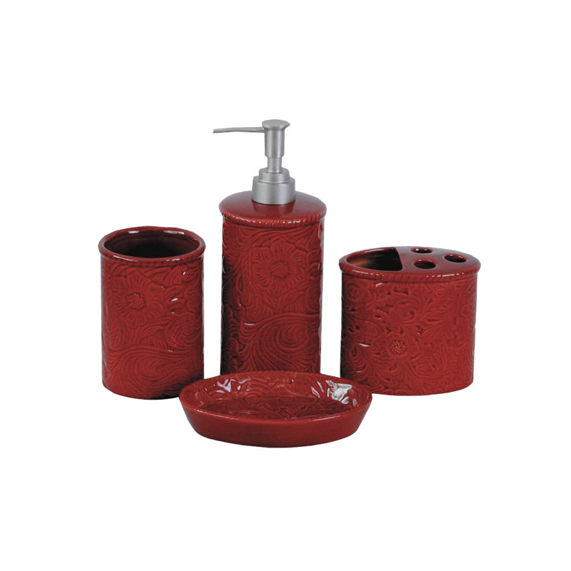 Savannah Red Ceramic Floral 4-Piece Bathroom Accessory Set