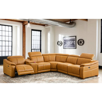 Leather Match Sectional With Recliner, Adjustable , Storage Console And Cup Holders, 5 - Seat Faux Genuine Leather, Ginger Shaded, 112.88 In Product Width, Depth, 30.95 Height, 427.1 Lb Weight Hued,