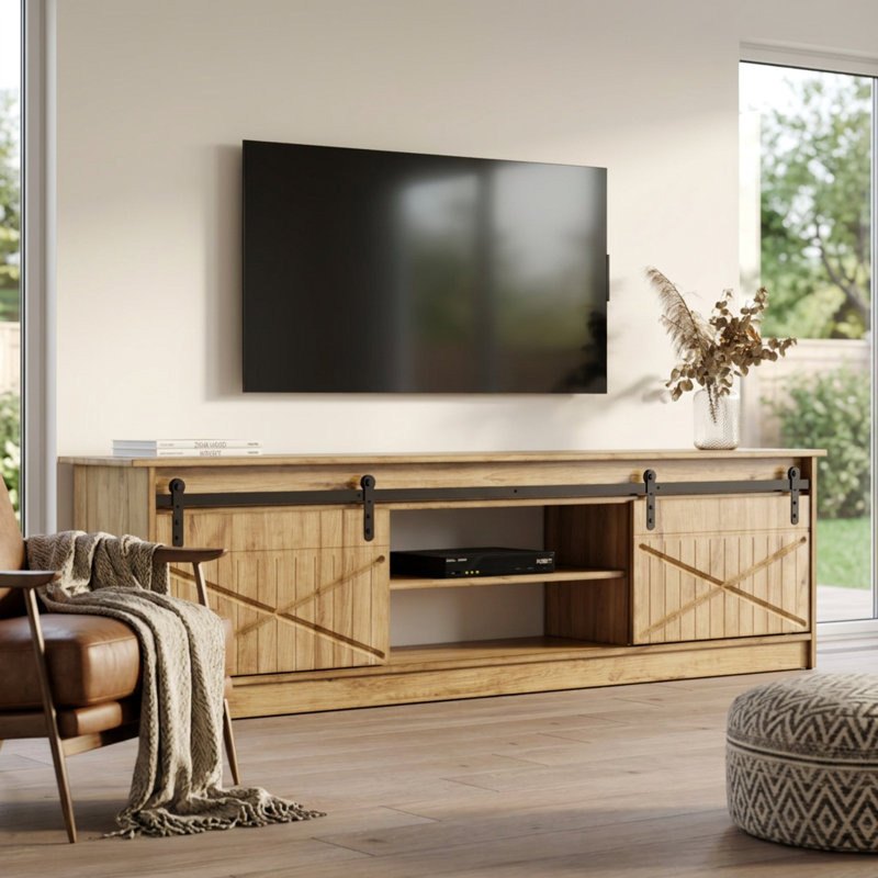 Phineas 78.7" Modern TV Stand with High Gloss Finish, Oak