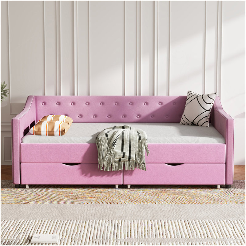Lit de jour simple avec tiroirs, canapé-lit capitonné, avec boutons sur le dos et passepoil sur les accoudoirs ondulés - rose