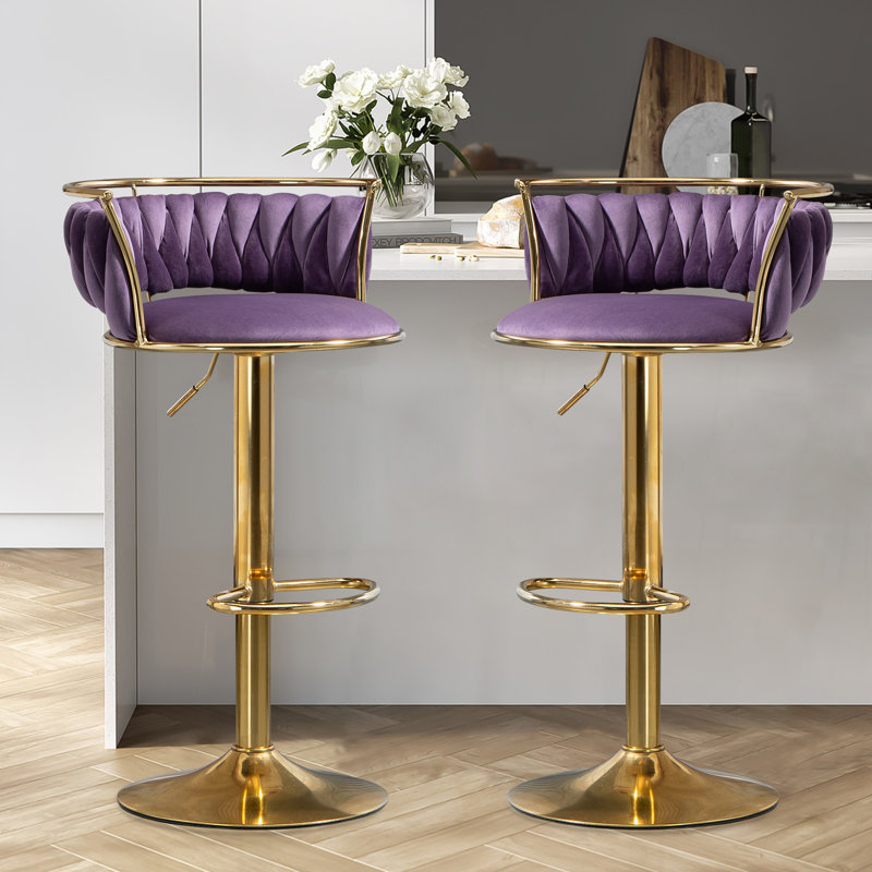 Christal Swivel Upholstered Adjustable Height Counter Stool, Purple, Gold
