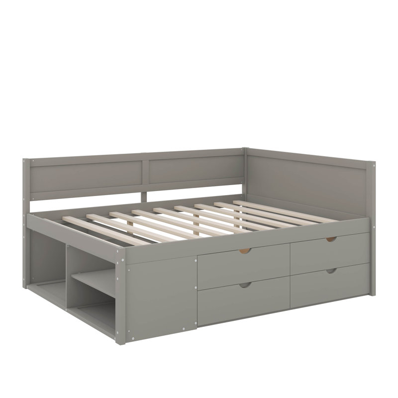 Lit de jour avec tiroirs et tablettes, Gris, Lit double