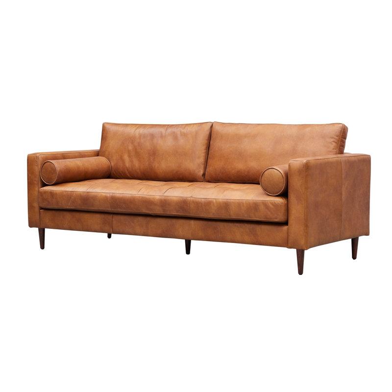 Canapé contemporain à accoudoirs en cuir véritable 85 po, Cuir véritable brun clair
