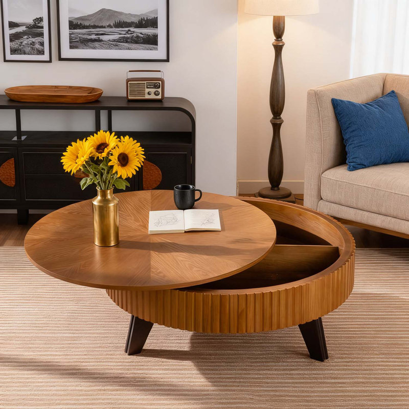 Retro Round Coffee Table With Storage, 15.7" H x 39.37" L x 39.37" W, Natural Top/Brown Base