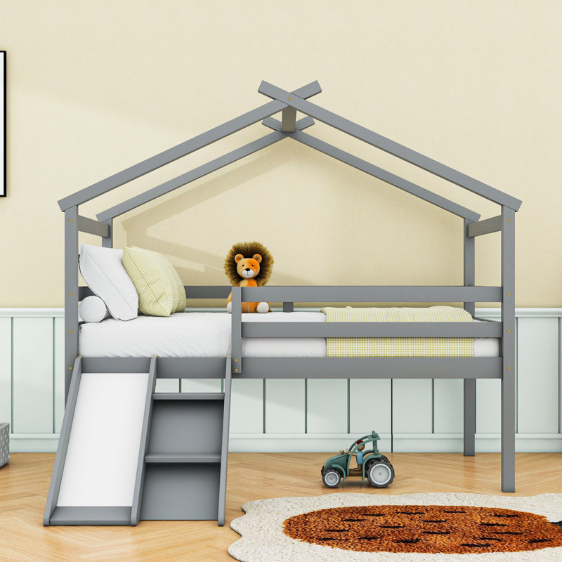 Lit simple mezzanine bas avec glissade, Gris