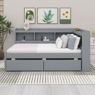 Corner Solid Wood Bed Frame With Integrated Bookcase, L-Shaped Headboard, Power ,Usb Ports  And Storage Drawers