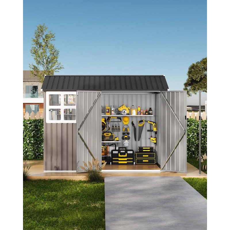 6' x 8' Outdoor Storage Shed, Sturdy Metal Building w/Windows & Lockable Doors for Garden, Backyard, Poolside and Lawn, Brown