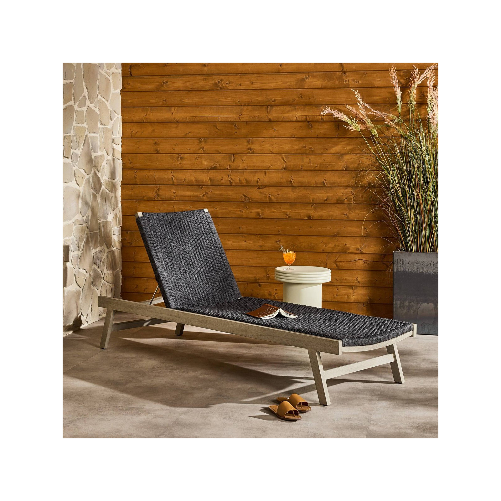 Neecy 27.5'' Outdoor Teak Chaise Lounge, Weathered Gray/Black