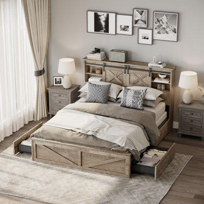 Farmhouse Bed Frame with Sliding Barn Door Storage, LED Lights & Drawers