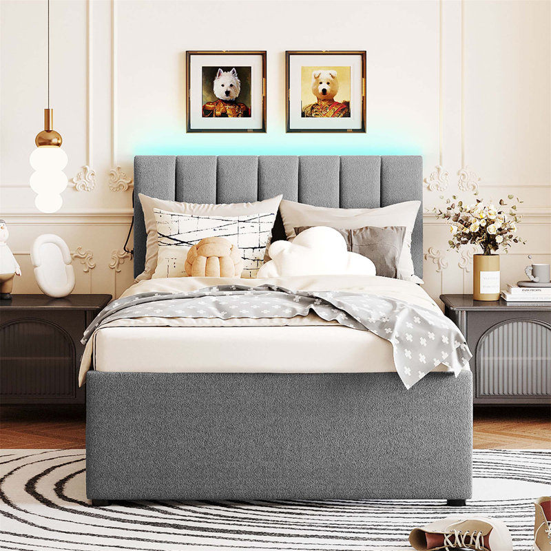 Teddy Fleece Upholstered Platform Bed With Trundle, LED Lights, And Remote Control For Comfortable And Stylish Sleep, Gray