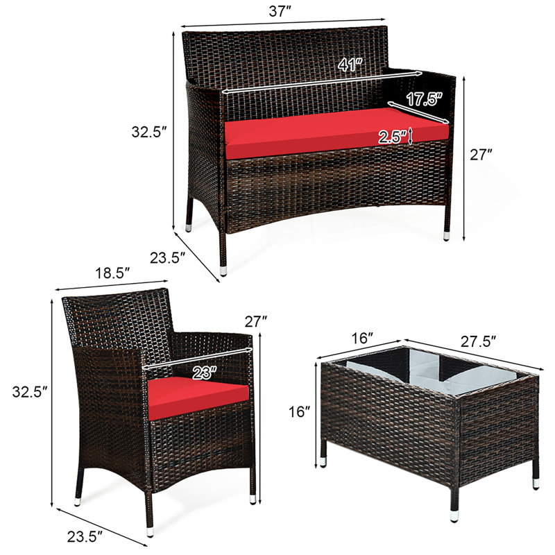 Ensemble de conversation en rotin avec coussins 8 pièces Satrogan, Rouge