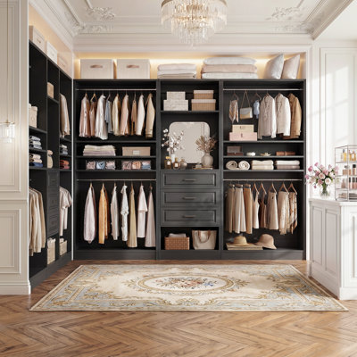 Système de garde-robe avec 3 tiroirs, tablettes ouvertes et tringles de suspension, organisateur de garde-robe modulaire pour chambre à coucher et vestiaire