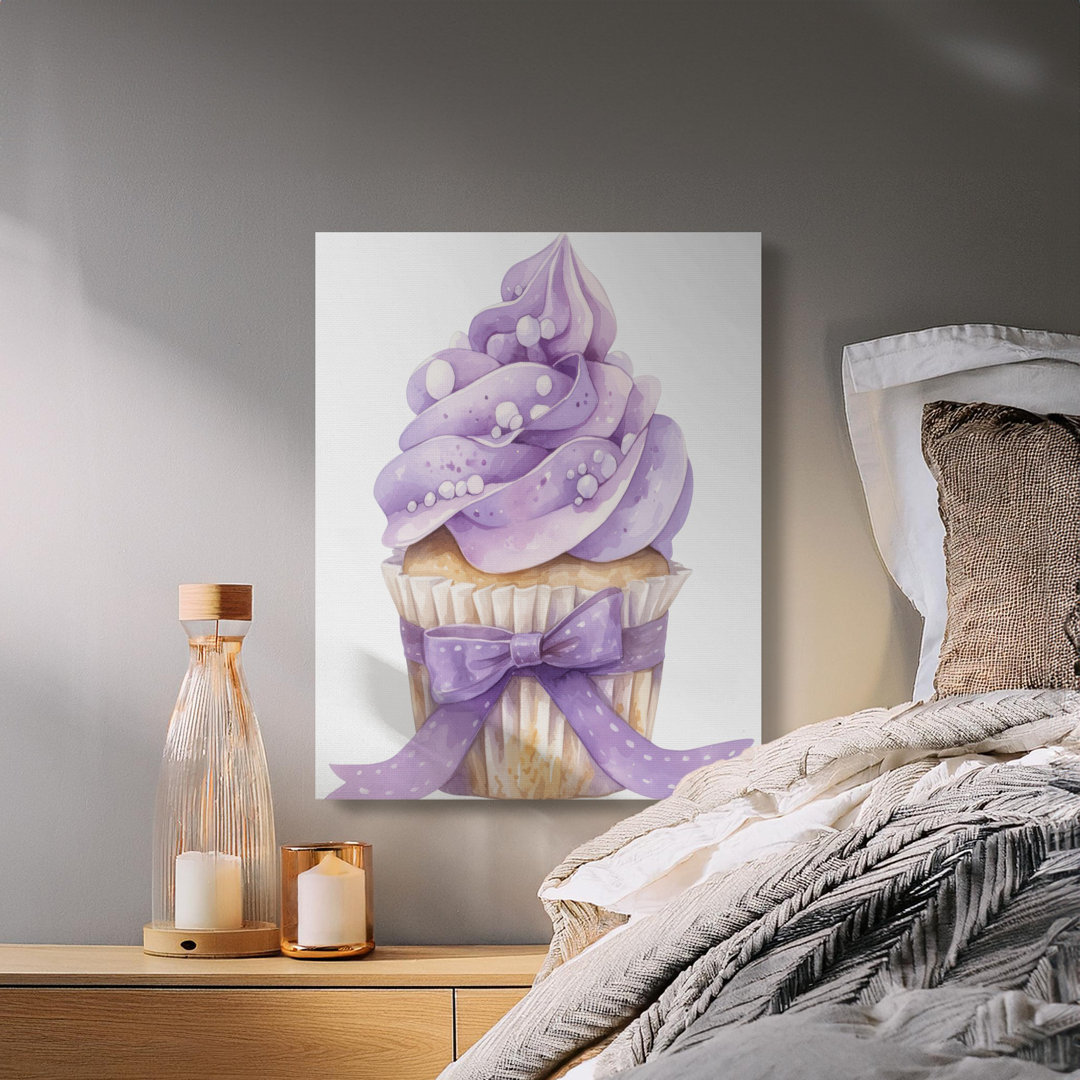 Purple Cupcake Canvas Wall Art, Sweet Watercolor Dessert Print, Coquette Aesthetic Kitchen Decor, Baker Gift for Her