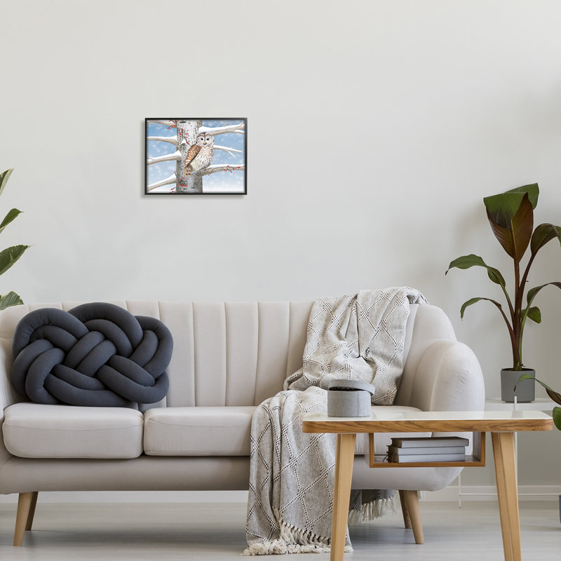 " Snowy Birch Tree Owl " by Caro Windmuller, Midnight Black Framed Giclee, 11" H x 14" W