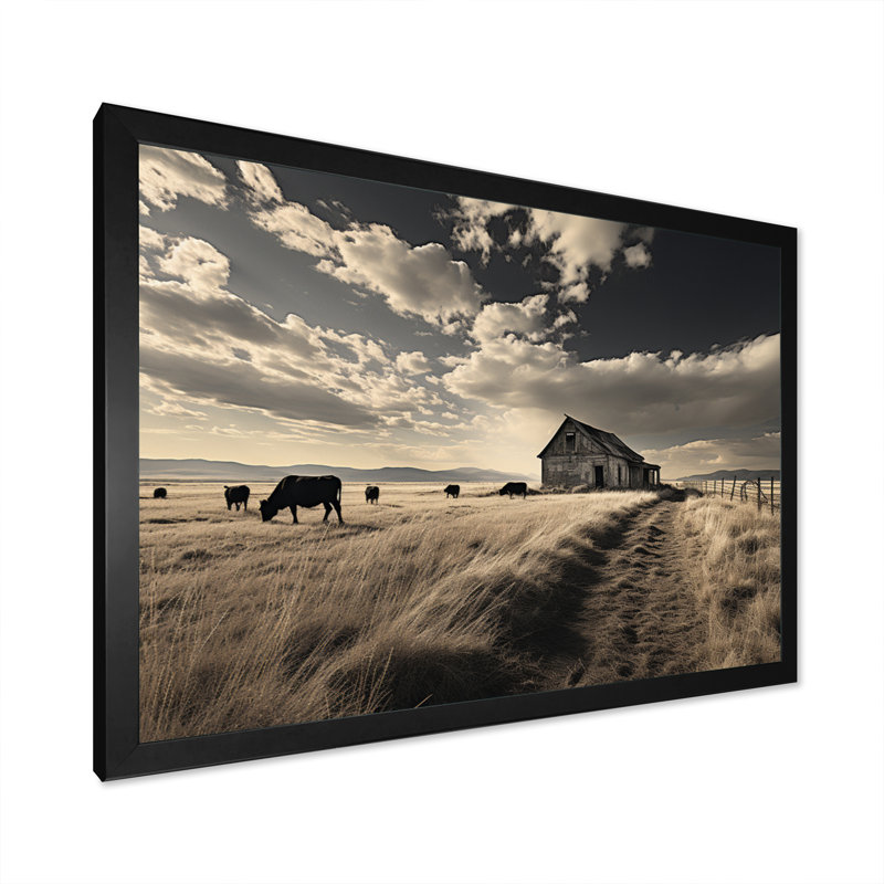 Bétail «Silent Horizon III» - Art mural de bovin pour le salon, Cadre photo noir, H 12 po x l 20 po x P 1 po